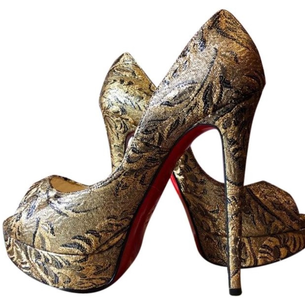 Louboutin Bronze Lady Peep 150 Brocade Pump